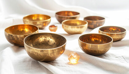 Set of brass singing bowls arranged on soft white fabric, glowing in warm sunlight. A peaceful, spiritual composition symbolizing sound healing, meditation, and mindful balance in holistic wellness