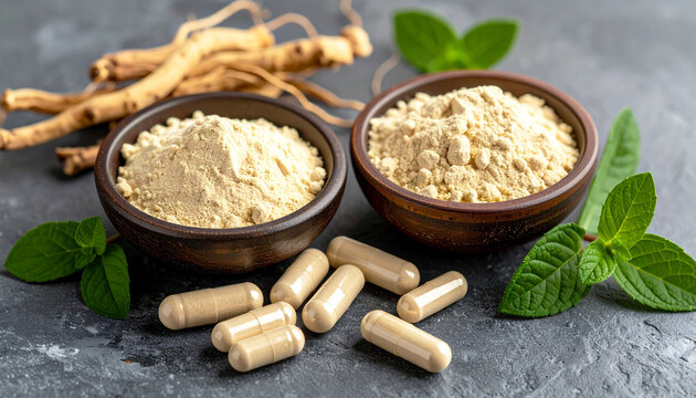 Natural adaptogenic herbs concept with powdered maca and ashwagandha, capsules, and dried ginseng roots on dark stone background, representing herbal supplements, vitality, and holistic wellness