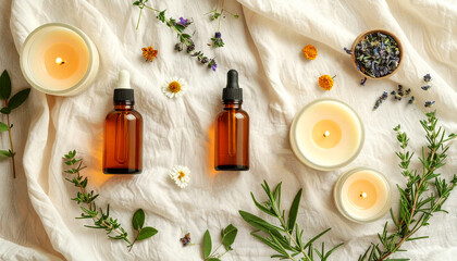 Flat lay composition of amber essential oil bottles, burning candles, and dried herbs on soft white fabric. Warm light and botanical elements create a calm spa mood, perfect for wellness and aromather