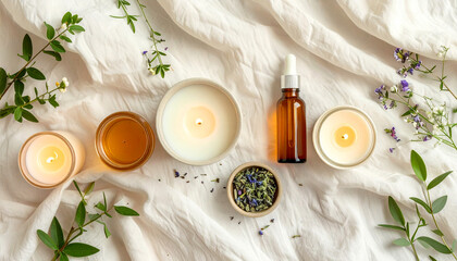 Flat lay composition of amber essential oil bottles, burning candles, and dried herbs on soft white fabric. Warm light and botanical elements create a calm spa mood, perfect for wellness and aromather