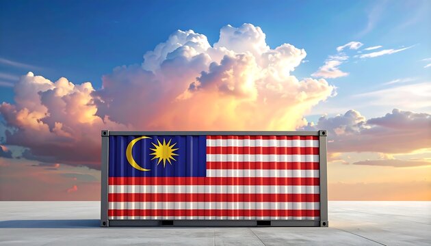 A container, painted with the flag, stands against a vibrant, cloud-filled sky at dusk. The scene evokes international trade and national pride