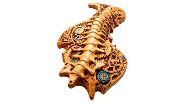 A wooden carved spine