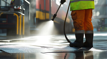 Obraz premium Street Cleaning in Progress: A worker uses a high-pressure washer on a city street, ensuring cleanliness and hygiene. Cleaning improves pedestrian safety and aesthetics.