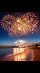 Fireworks Display Over Beach at Night with Water Reflection
