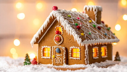 A beautifully crafted gingerbread house, decorated with icing and candy, set against a blurred background.