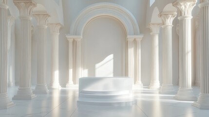 White platform in a classical colonnade with a sunlit backdrop for product display