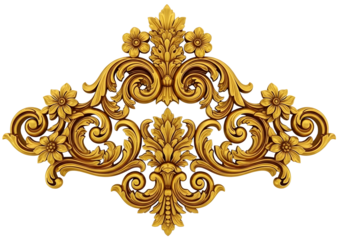 Ornate gold baroque floral ornament isolated on transparent background