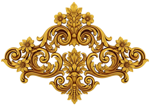 Ornate gold baroque floral ornament isolated on transparent background