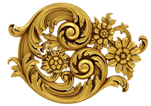 Ornate gold baroque floral ornament isolated on transparent background