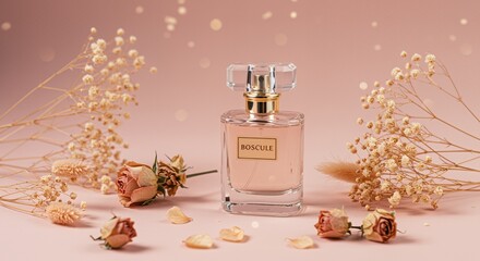 A bottle of perfume is on a table with flowers