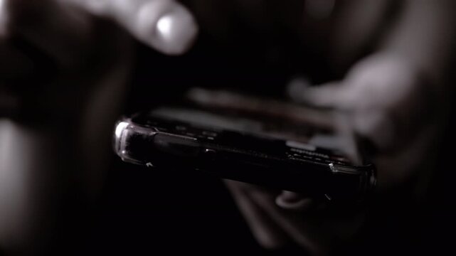 Close-up of a woman's hands scrolling through social media feed on a smartphone in the dark. Perfect for technology, communication, and social media related projects.