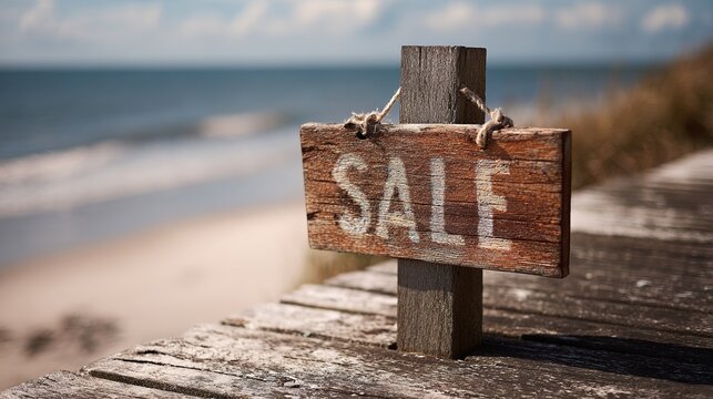 Rustic wooden sale sign on boardwalk overlooking sunny beach and ocean waves