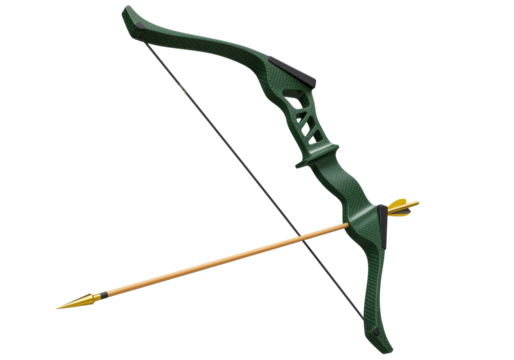 Isolated bow and arrow for archery and hunting, green recurve weapon with aiming equipment