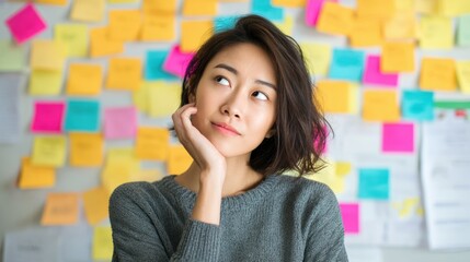 Young woman stands in front of a wall with colorful sticky notes