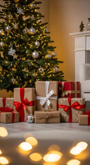 Christmas Tree with Decorated Gifts in a Cozy Home Interior