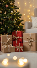 Christmas Tree with Wrapped Gifts in Festive Holiday Setting