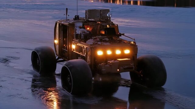 Car moves smoothly across icy surface during twilight, showcasing unique design and bright lights