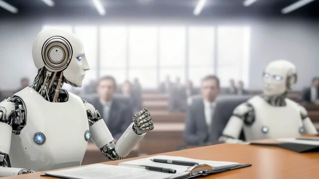 Gen Turbo zooms in on robots in a courtroom setting during an important trial discussion