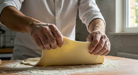 Man folding dough on floured surface in kitchen, home baking and culinary preparation