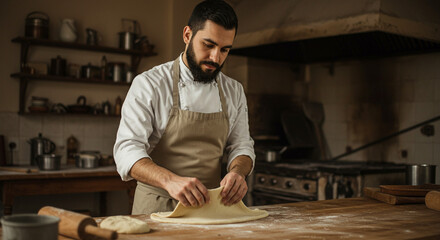 Man folding dough on wooden table in rustic kitchen, culinary preparation and baking techniques