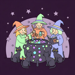 Witches Making Potion with Cats for Halloween Night