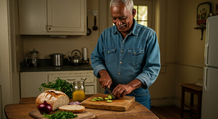Elderly man slicing pickles in cozy kitchen for sandwich preparation