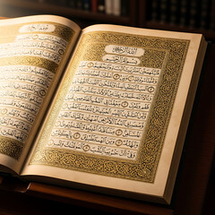 Obraz premium Open Quran page with Surah Al-Fatiha in Ottoman script with arabic calligraphy and golden decorative borders on stand