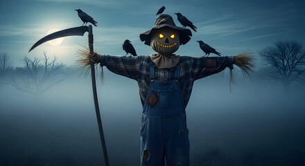 Standing Scarecrow with Crows in Misty Field at Night