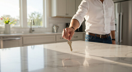 New home key on marble countertop in modern kitchen with morning sunlight, real estate concept