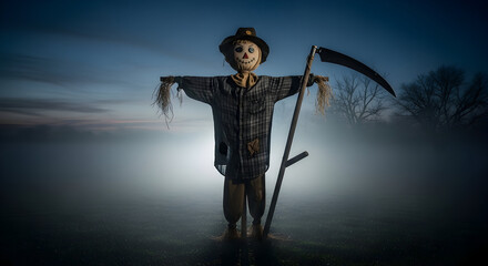 Scarecrow Standing in Foggy Field with Scythe at Dusk
