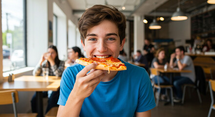 Teen boy biting slice of pizza and smiling in bright café, casual dining and youth lifestyle concept