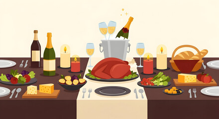 Festive Holiday Dinner Table with Turkey and Champagne Celebration