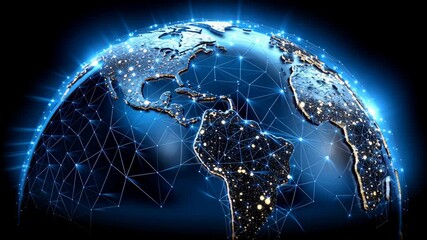 A stylized globe with interconnected nodes and bright highlights. - Powered by Adobe