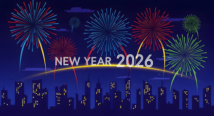 Celebrating New Year 2026 with Fireworks Over City Skyline