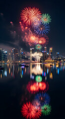 City Skyline Fireworks at Night Reflected on Water
