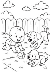 coloring book baby crawling with puppy chasing ball in yard