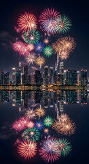 Colorful Fireworks Exploding Over City Skyline with Water Reflection at Night