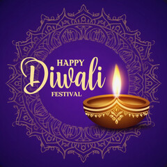 Happy diwali festival of lights greeting with a large glowing diya and ornate mandala pattern on a dark purple background, symbolizing joy and prosperity