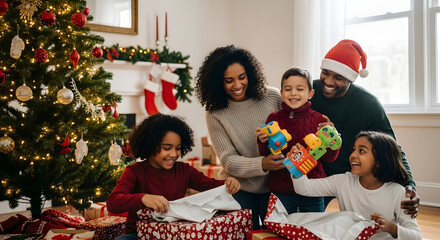 Family Opening Presents on Christmas Morning at Home