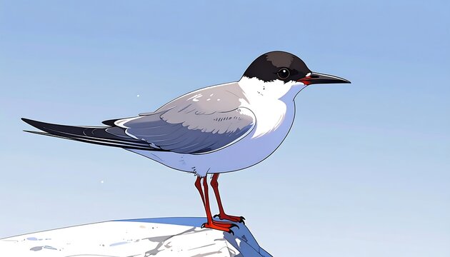 A digitally created image depicts a bird with a black head, grey wings, white underbelly, and red legs and beak perched on ice