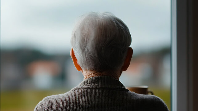 Senior woman gazing out the window, lost in contemplation, with a warm drink nearby. Reflecting on memories, finding solace in quiet moments.