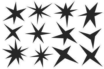 Obraz premium Irregular stars shapes. Abstract vector random spiky sparks. Geometric funky flashes with rays. Black retro sparkles on white background