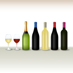 Glass goblets, glasses and wine bottles, vector illustration