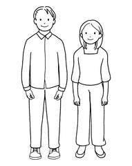 若い男女のカップルのイラスト。線画。