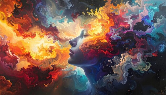 Portrait of a serene face, bathed in vibrant, swirling colors reminiscent of nebulae and cosmic energy, 