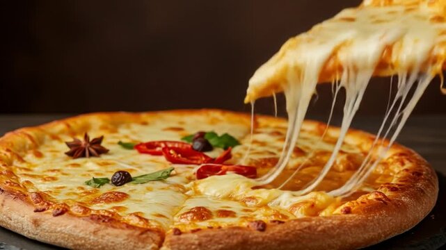 Mouthwatering hot pizza slice with gooey melted cheese pull.