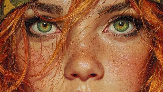 Intense gaze of a redhead with striking green eyes and freckles, capturing raw emotion and captivating beauty in a unique portrait, perfect for editorial use