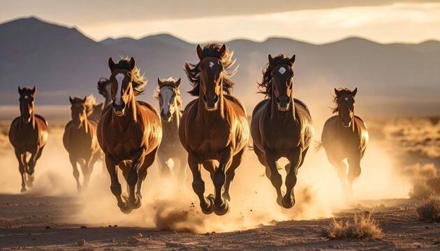 Herd of Wild Horses Galloping Across a Dusty Desert Landscape at Sunset with Golden Sunlight