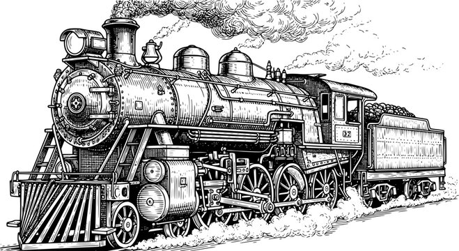 Engraved steam locomotive vector illustration. Vintage train etching highly detailed.
