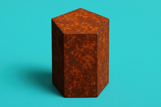 Rust-colored pentagonal prism with rough texture on a bright teal background, minimalist geometric contrast